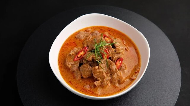 Panaeng Curry with beef.Sliced beef Meat in red curry paste and coconut milk,topping with Shredded kaffir lime leaves.Thai style food.