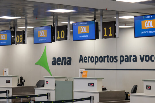 Check-in counters at an airport terminal privatized for the company Aena.