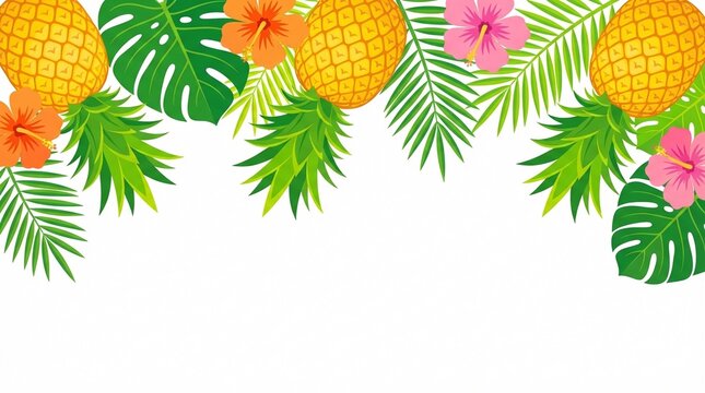 Tropical Border with Pineapples Hibiscus Flowers and Palm Leaves