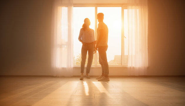 Peaceful silhouette of couple standing in an empty sunlit room looking through large window feeling hopeful about bright future in new home together with warm morning sunlight shining