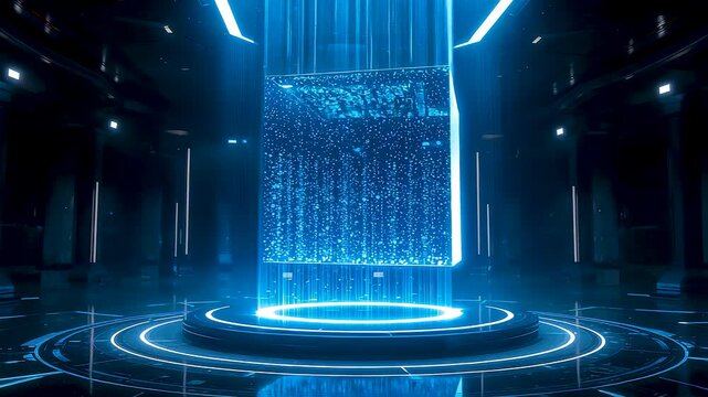 Blue glowing digital data waterfall cascading onto circular holographic platform in dark futuristic room