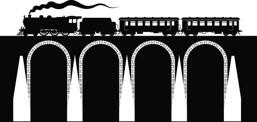 Vintage steam locomotive train silhouette crossing a stone arch bridge viaduct with passenger wagons and smoke trail representing historical rail travel vector illustration © MOHOSIN
