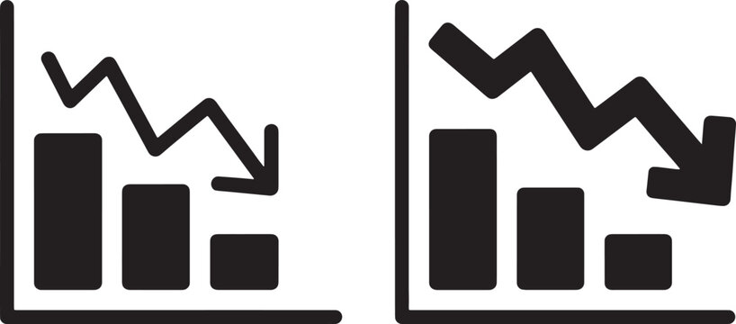 Bar chart with declining arrow trend icon showing financial loss or economic downturn. Vector illustration
