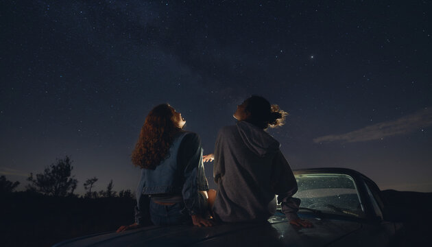 Two young women sitting on hood of car looking at stars back view feeling peaceful and amazed under dark night sky enjoying quiet moment together in nature far away from city lights