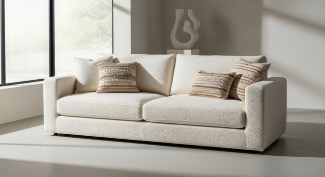 Cream colored boucle armless sofa with plush cushions and decorative pillows in a modern interior