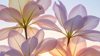 Fototapeta premium Multiple pink and purple flower blossoms viewed from below with bright sunlight