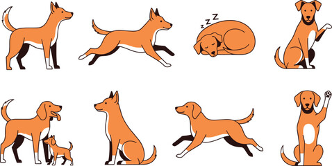 Obraz premium Active and Playful Dog Character Set in Various Poses Including Sleeping, Running, and Playing for Pet-Themed Illustrations