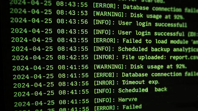 system log scrolling on terminal screen with green text