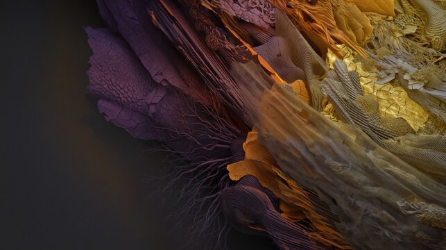 Abstract close-up 3D background with colorful organic fractal shapes, intricate textured details and solarized glowing effects