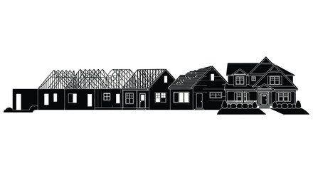A row of houses in varying stages of construction presented as a striking black silhouette high quality professional detailed modern elegant © mrvect02