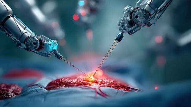 Robotic surgical instruments perform precise operation using illuminated tools over tissue