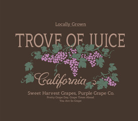 Naklejka premium California Fruit Tee Shirt Design. Summer food fashion Graphics. vintage t-shirt design. hand drawing Grape Illustration. Sweet Harvest Grapes Slogan text prints for Men's Women's and Kid's Clothing.