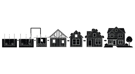 A visual depiction of house construction stages from foundation to completion presented as a striking silhouette high quality professional detailed modern © mrvect02