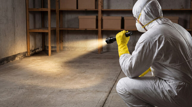 Exterminator in protective suit using flashlight to inspect crawl space for pests. Professional disinsection and deratization service in basement. Sanitation worker controlling rodents.