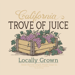 Naklejka premium Vintage Grapes graphic Artwork. California Trove Of Juice Slogan Typography. Summer Food Fashion Graphics. Fruit tee shirt design. hand made t-shirt design. women's girl's print design.