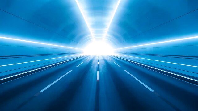 Blue glowing speed tunnel with bright central light and motion blur lines creating perspective depth on dark background