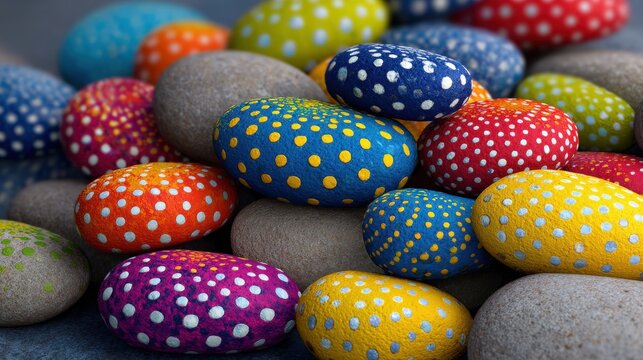 Numerous smooth pebbles are decorated with vibrant paint dots and gathered in a  display.