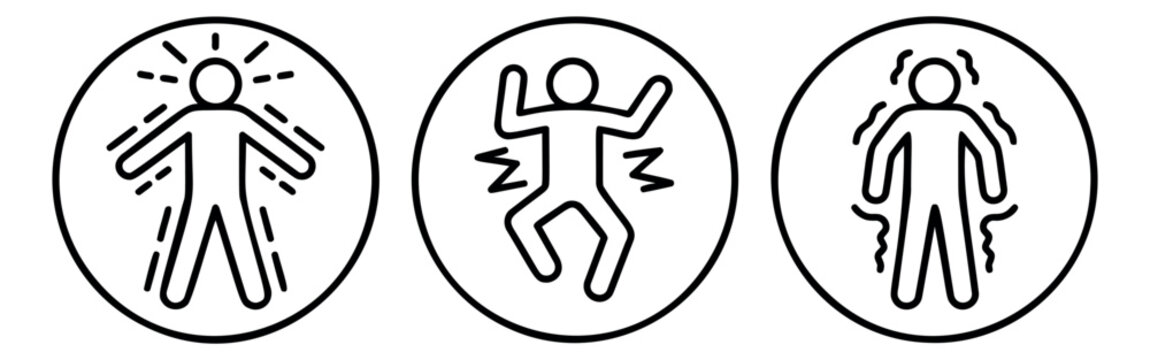 Outline icon set of 3 electric shock symbols featuring electrocution, convulsion and current hazard concepts for safety and medical design