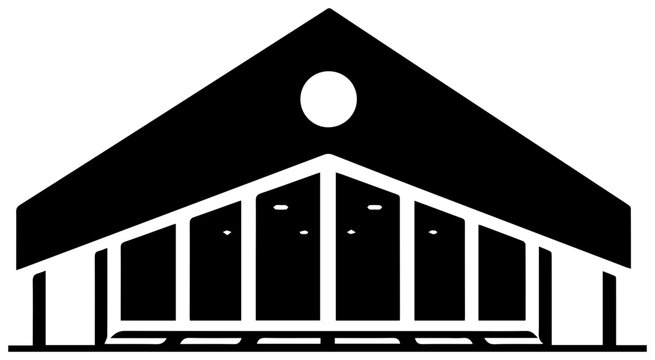 Solid black filled icon of a bus depot or transit center with a triangular roof and circular skylight