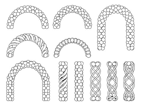 Outline icon set of 13 balloon arch and column designs featuring twisted braided and clustered arrangements for party decoration
