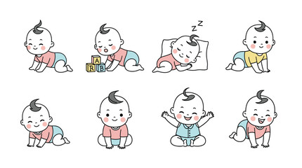 A set of cute baby cartoon characters in various poses and emotions. © Kenn
