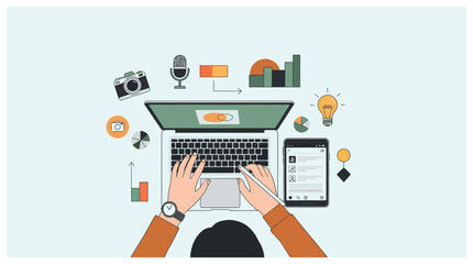 person working on laptop with creative tools. © Sri