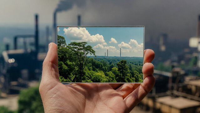 A hand holds a picture of a lush green forest against a backdrop of industrial pollution.