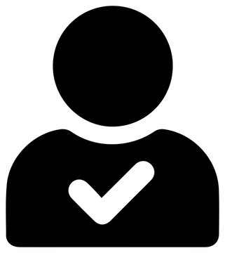Solid black filled icon of consent management user with white checkmark for agreement or approval on white background