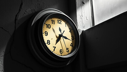 Naklejka premium Old clock. An old analog wall clock on a cracked wall in the dark