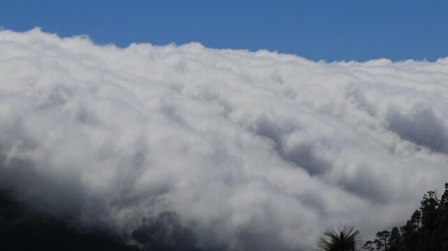 Primer plano de cascada de nubes fluyendo sobre las monta&ntilde;as de La Palma. Time-lapse detallado del mar de nubes en las Islas Canarias bajo un cielo azul.