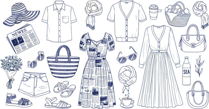 Summer Vacation Outfit Collection Featuring Hand Drawn Dresses Sun Hat Sandals Picnic Basket And Newspaper Pattern Apparel Vector.eps