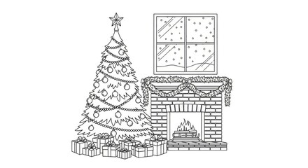 Fototapeta premium Christmas tree and fireplace scene