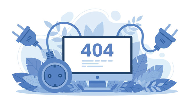 A monitor displaying a 404 error message with two large electrical plugs and a power outlet, surrounded by stylized leaves.