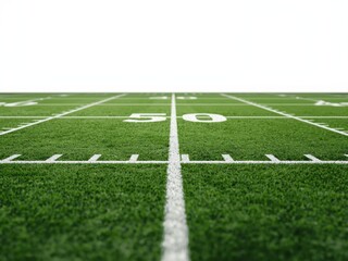 Obraz premium Aerial view of an empty american football field with marked yard lines and goalposts isolated on white background