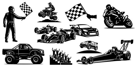 Motorsport and car racing black silhouettes vector set. Motorcycle, rally car, monster truck, and dragster racing icons isolated © Vladislav