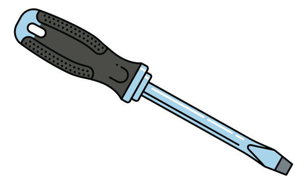 Cartoon illustration of a flathead screwdriver depicting a hand tool with ergonomic grip for repair and construction design