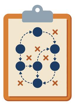 Flat illustration of a sports tactics board depicting player movement and game strategy for coaching and team planning design
