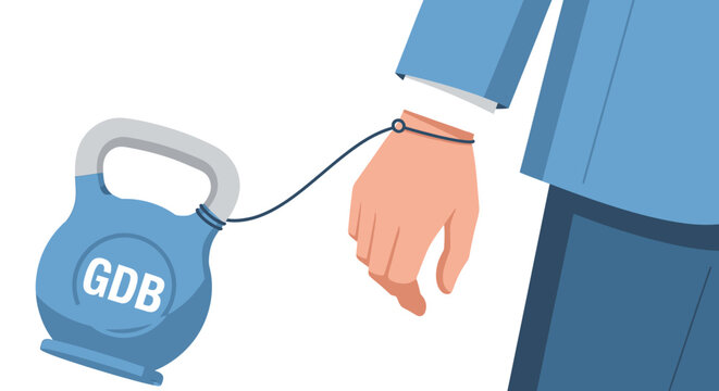 economic debt burden symbolized by man chained to heavy weight with gdb label representing financial constraint and economic crisis impacting individual.