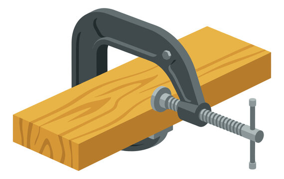 Isometric cartoon illustration of a C clamp gripping a wooden plank depicting woodworking tool in use for construction and DIY design