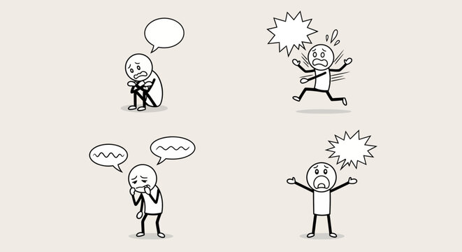 Stick Figure Cartoon Man Experiencing Sadness Fear Anxiety and Shock on Divided Background, Negative Emotions and Stress Vector