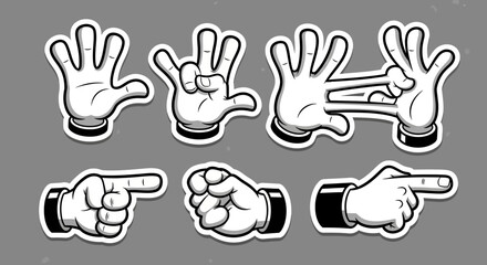 Fototapeta premium Cartoon Hand Gestures Set with Open Palm and Pointing Fingers on Gray Background