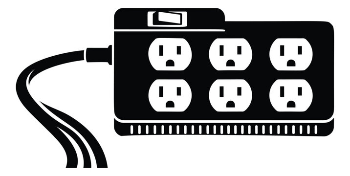 Silhouette illustration of a power strip depicting a 6 outlet surge protector with switch and cable for electrical design