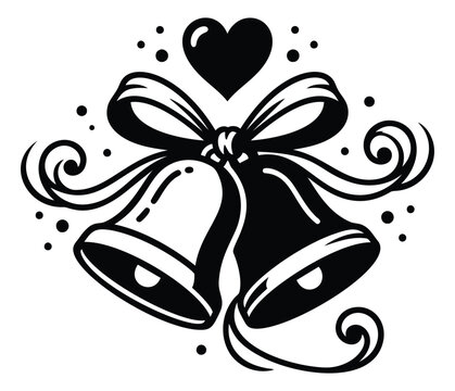 Bold cartoon illustration of wedding bells depicting a decorative bow and heart for marriage and celebration design