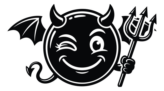 Cartoon illustration of a devil emoji character depicting a winking smiling face with horns bat wings and trident for Halloween and sticker design