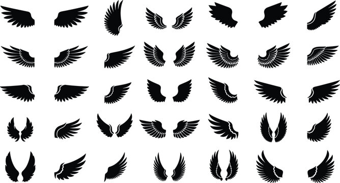 Large set of minimalist wing icons, angel and bird wing silhouettes, heraldic eagle wings, fly symbols, feather wings for logos, isolated on black background.