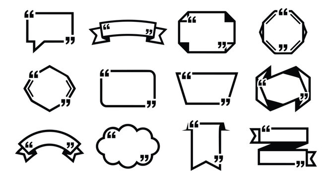 Outline icon set of 12 quote box frames featuring speech bubbles, ribbons and text borders for typography design