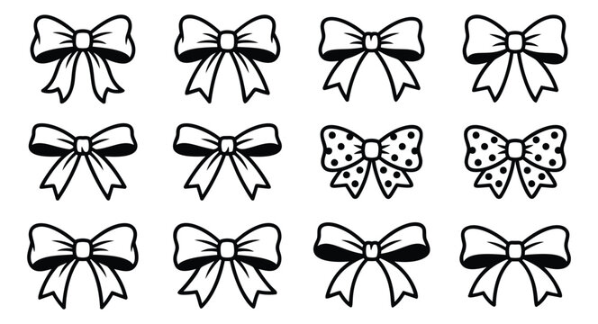 Cartoon icon set of 12 decorative ribbon bows featuring polka dot and plain styles for gift and celebration design