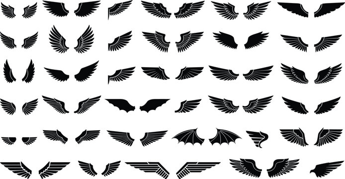 Large Collection of Black Silhouette Wings Vector Set Including Angel Eagle Bird Bat and Mythical Dragon Wings for Graphic Design Illustrations
