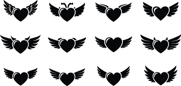 Set of black heart silhouettes with wings, angel and devil wing icons for tattoo design, Valentine day romantic love symbols