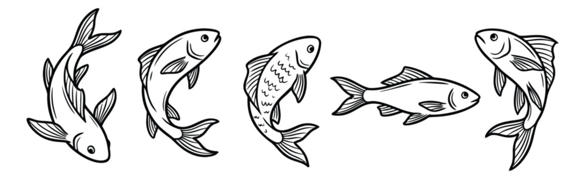 Outline icon set of 5 fish featuring koi carp and freshwater species in dynamic swimming poses for nature and aquatic design